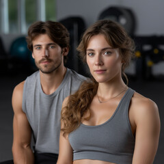 Fototapeta premium young male and female athlete are posing in gym setting, showcasing their dedication to fitness and health. atmosphere is energetic and motivating, perfect for workouts