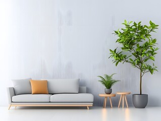 Cozy and stylish contemporary living room featuring a plush L shaped sectional in light grey sleek metallic side tables and a large plant in the corner