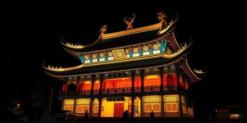 Illuminated Chinese temple at night, intricate details visible in darkness, Chinese temple, shadows