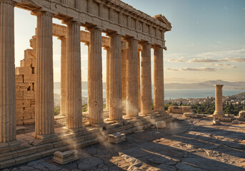 Majestic Ancient Greek Columns at Sunset Over the Aegean Sea