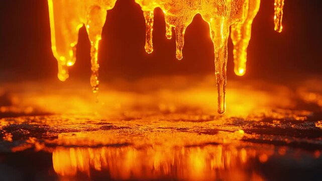 Molten plastic condensate drips with an intense orange glow into a collection surface at a pyrolysis plant. A vivid, high-heat scene symbolizing the transformation of plastic waste into usable fuel.