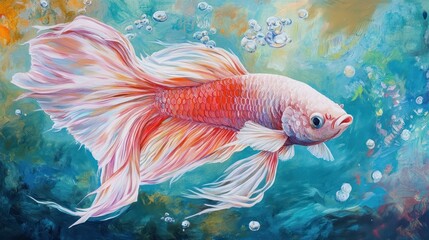 Betta Fish Swim in an Aquarium, Bubbles in the Background, for Wall Decor or Art