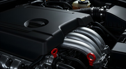 Close Up of a Black Car Engine Bay with Silver Manifold and Red Dipsticks in Modern Style