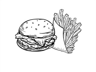 Monochrome burger and French fries in paper package black ink vector illustration. Etching drawing of beef patty with lettuce, tomato, onion in sesame bun and fried potato. Fast food line art style