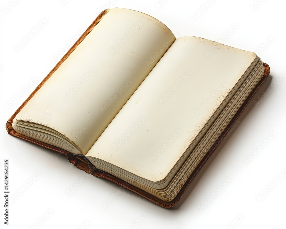 Poster open blank notebook with worn edges, ready for writing or drawing.