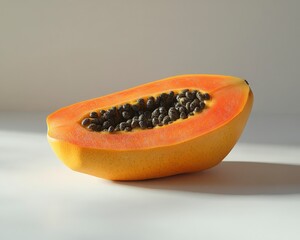 Cut papaya halved to reveal its black seeds against a light background.