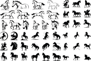 Horse Silhouette Vector Set | Running Wild Animal Icons Horse Outline and Silhouette Collection | Farm & Wild Animal Clipart