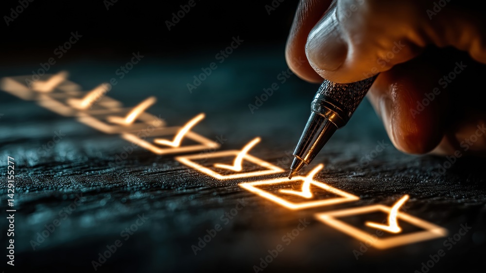 Poster a close-up of a hand marking a checklist with a pen, emphasizing organization and task completion th