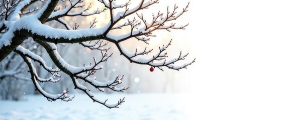 Fototapeta premium Isolated tree branches on a snowy white background, foliage, snowy, nature