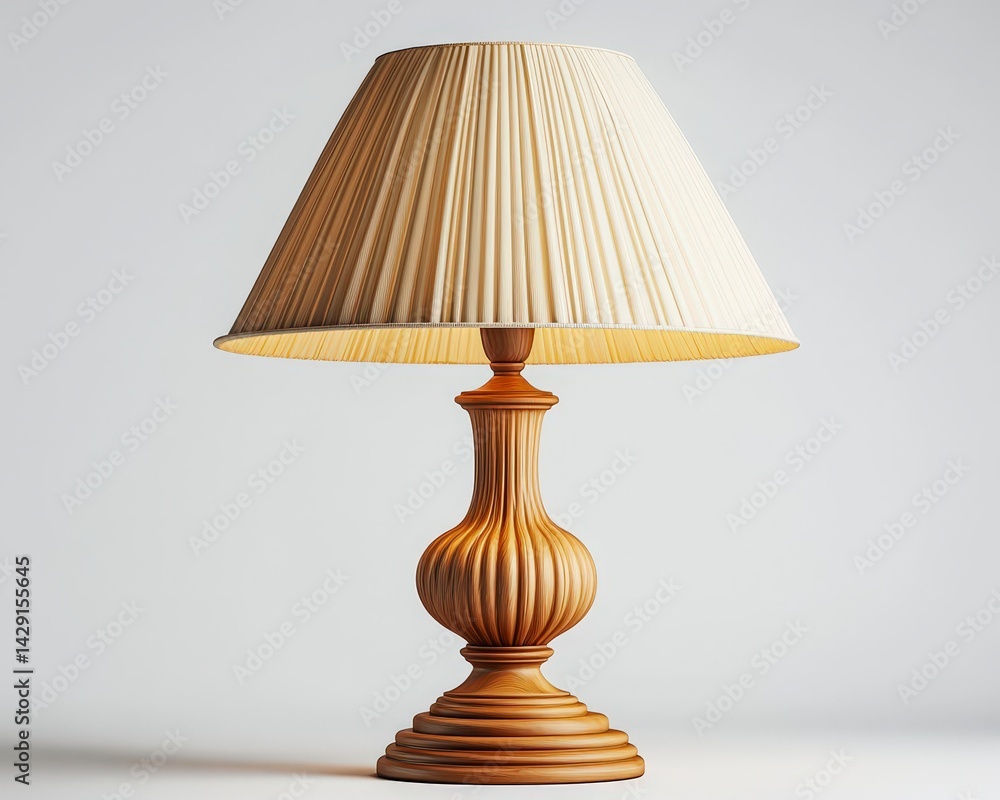 Poster elegant table lamp with a pleated shade, casting a warm glow in a minimalist setting.