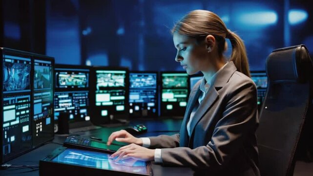 A diverse security professional female engineer of color seated amid wall-to-wall video monitors, tapping through multiple CCTV feeds on a sleek touchscreen interface