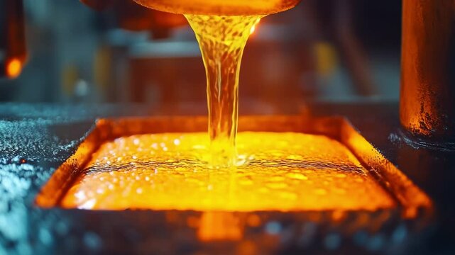 Molten plastic condensate drips with an intense orange glow into a collection surface at a pyrolysis plant. A vivid, high-heat scene symbolizing the transformation of plastic waste into usable fuel.