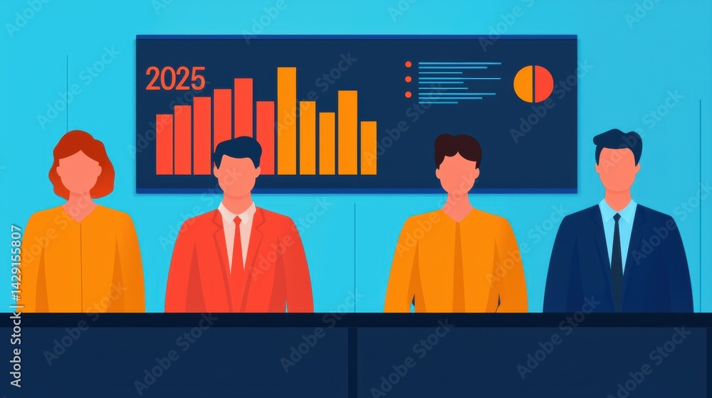 Poster a group of four professionals stands before a data display, featuring charts and projections for 202