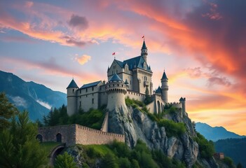 Fototapeta premium Majestic mountaintop castle, ancient stone walls, dramatic sky, ramparts, castle