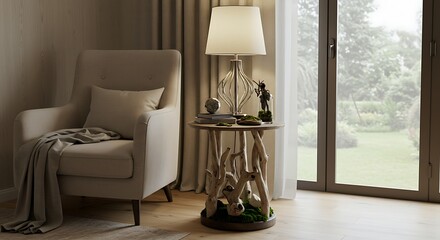 Fototapeta premium Serene Reading Nook Cozy Armchair, Side Table, and Natural Light