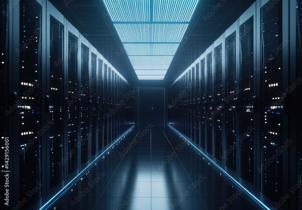 Poster Dark high-security server corridor with subtle LED lights and ceiling grid panels, perfect for representing secure data environments, modern infrastructure, or enterprise IT systems