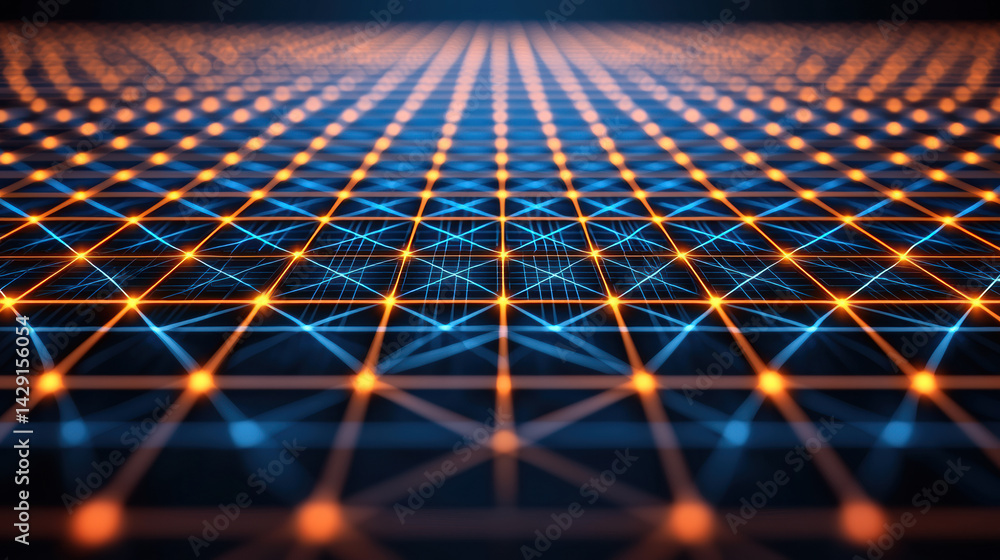 Poster digital glowing tech grid pattern background of interconnected lines and dots, creating a futuristic