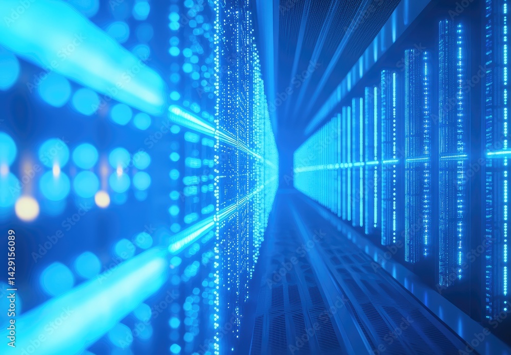 Poster Abstract blue-glow server corridor with depth effect and digital reflections, ideal for themes like big data, AI systems, futuristic infrastructure, and cloud environments
