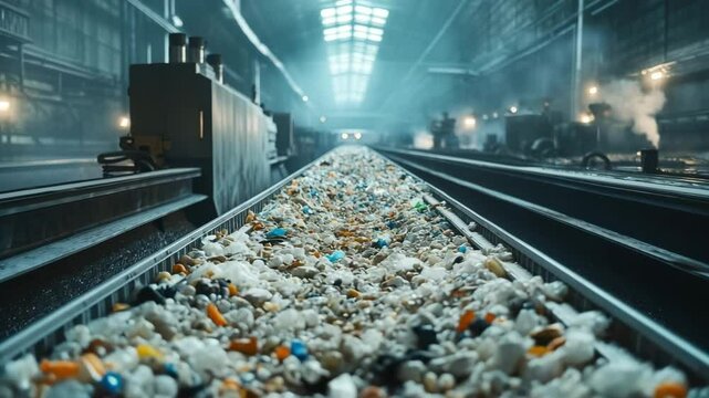 A conveyor belt filled with mixed plastic waste moves through a gritty industrial facility toward a pyrolysis reactor, under dramatic lighting sparks, innovative recycling, sustainable energy solution