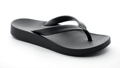 Single black flip-flop on white background, studio shot, black, beach accessory