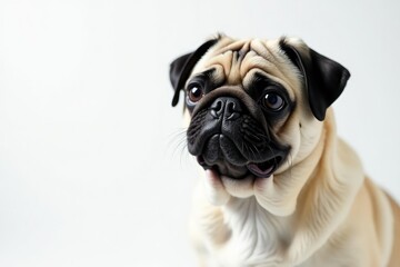 Single pug, attentively looking at camera, pure white backdrop , attentive, portrait, pet photography