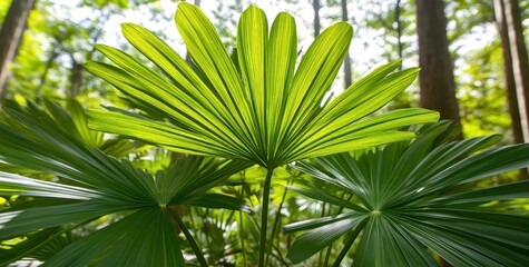 Lush green fan palm leaves in a forest