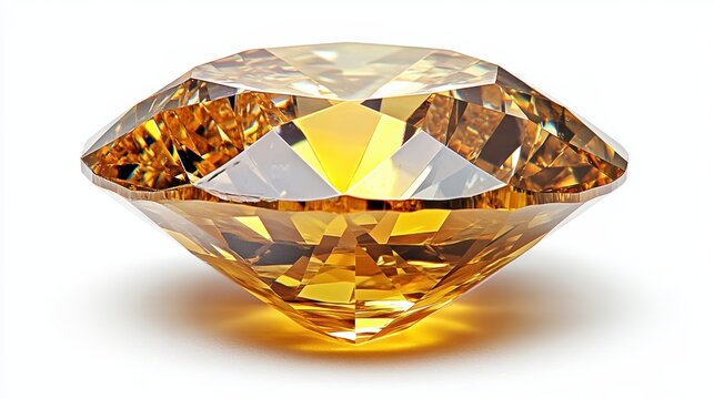Macro shot of a bright yellow diamond with perfect clarity and brilliant shine, isolated on white background