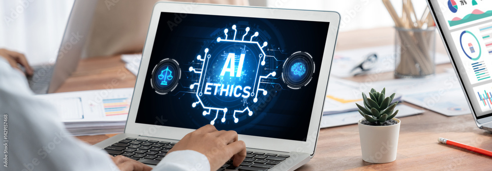 Poster ai ethics responsibility standard law and rules on computer screen provide report of ai ethic transp