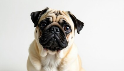Obraz premium Solo pug, alert expression, pure white backdrop, wrinkles, canine, studio