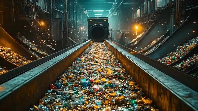 A gritty industrial scene shows a conveyor carrying mixed plastic waste into a glowing pyrolysis reactor. Sparks and moody lighting, the intense, high-heat process of waste to energy conversion
