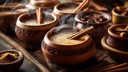 Steaming bowls of hot cereal with cinnamon sticks, perfect for a cozy winter morning. Rustic earthenware adds to the comforting ambiance.