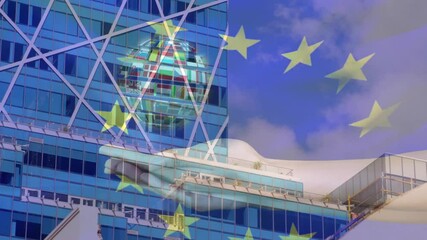 Global connectivity being shown in montage, featuring glass facade, EU stars, flag globe, hand - Powered by Adobe