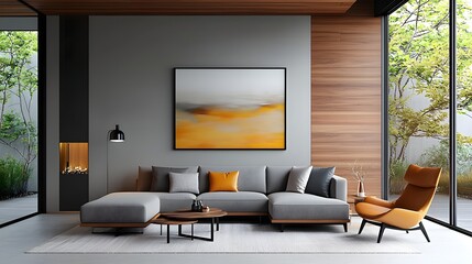Elegant and welcoming modern living space featuring a plush L shaped sectional sofa minimalist wood and leather furnishings
