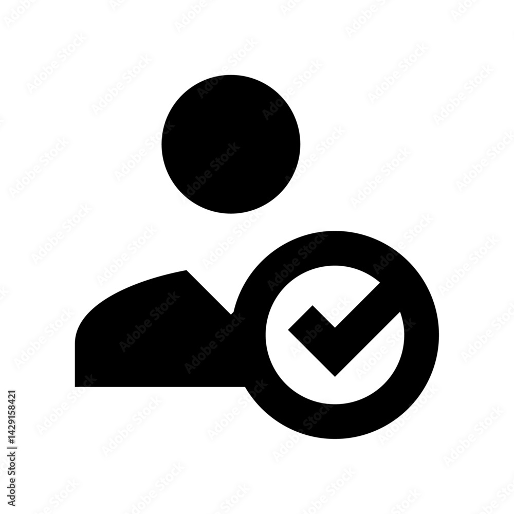 Poster user profile icon with a check mark indicating verification or confirmation in a simple black design