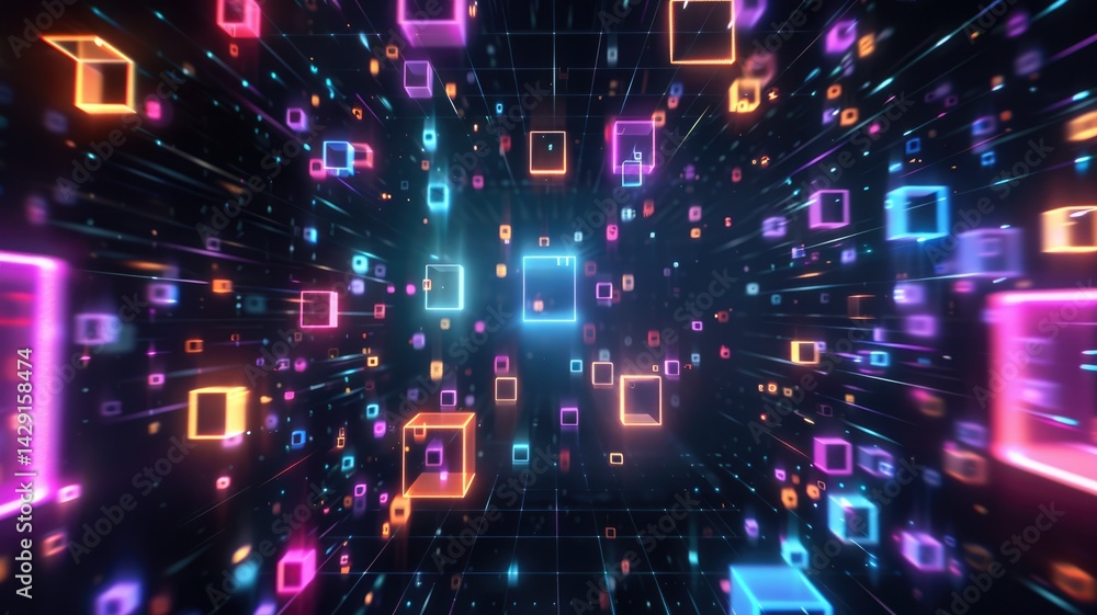 Poster abstract seamless and energetic of mixed digital style cube object shining colorful neon light in bl