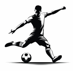 A dynamic black and white vector illustration of a soccer player kicking a ball