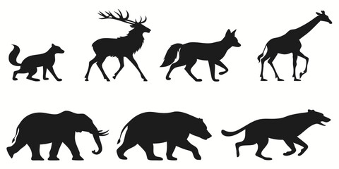 Wild Animal Silhouettes Vector - Moose, Wolf, Giraffe, Bear, Dog, Forest Wildlife Icons