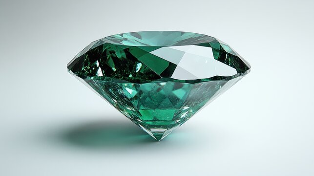 Close-up of an emerald gemstone with rich green hue and intricate cuts, isolated on white background