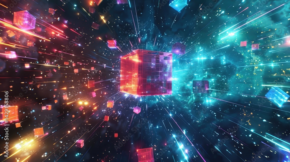 Poster abstract chaotic and energetic of mixed digital style cube object, burst of colorful light pattern i