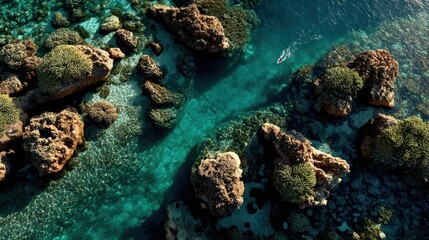 Obraz premium Midday light tropical coastline concept. Aerial view of rocky formations in clear turquoise waters.