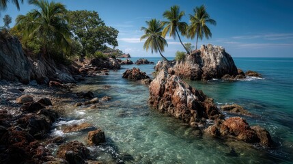 Midday light tropical coastline concept. Scenic coastal view featuring rocky shores and palm trees under a clear blue sky.