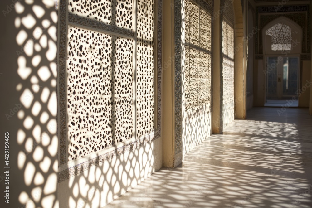 Aufkleber sunlight casts intricate lattice shadows on the ornate walls of a historic building, creating a mesm