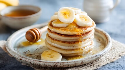 A stack of pancakes topped with banana slices and drizzled with syrup, served on a plate with a honey dipper and syrup bowl.
