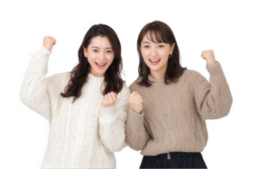 Two women cheering together isolated over png transparent background	