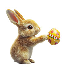 A brown fluffy rabbit giving a golden embossed design pattern egg, isolated on transparent background