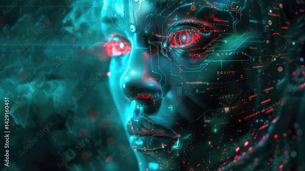 Poster science fiction picture of high tech robots for chat bot program, assistance technology about inform