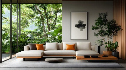 Harmonious and relaxing contemporary living area featuring a plush L shaped sectional sofa in natural beige upholstery minimalist Scandinavian inspired decor with warm wooden accents