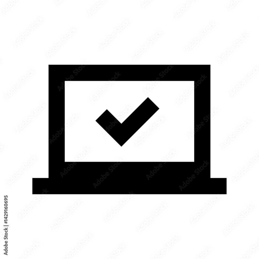 Poster black and white laptop icon with check mark displayed on the screen in a simple and modern design st