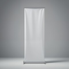 Displaying a Blank White Roll Up Banner Stand on Gray Background