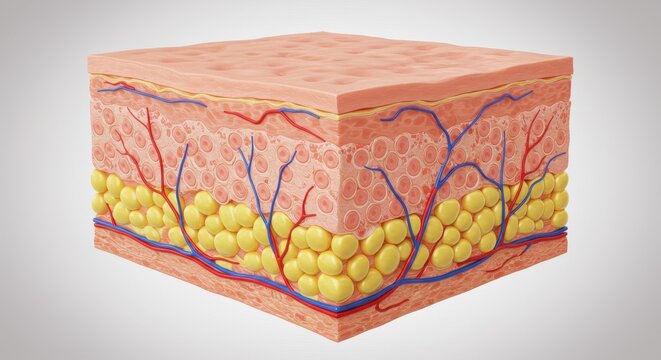 Anatomical cross-section of human skin showing epidermis dermis and hypodermis with structural detail